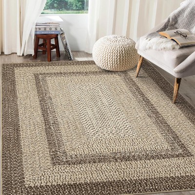 Area Rug Braided Printed Throw, Non-Slip Low Pile Accent Carpet, Foldable Soft Floor Cover for Bedroom or Living Room, Mocha