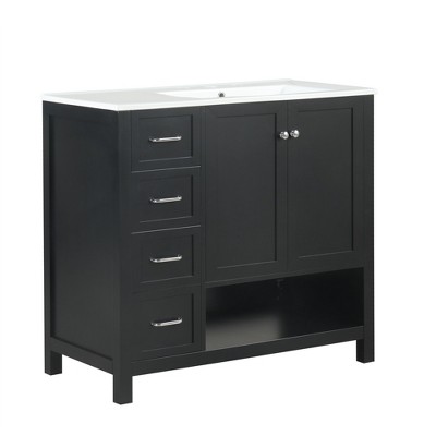 Vynxaria 36" Bathroom Vanities Black Washstand with Two Doors Two Drawers & Open Shelf 34" Tall