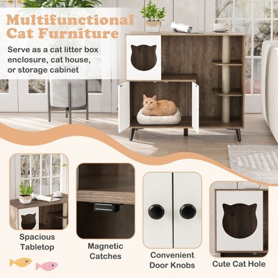 Multifunctional Gray and White Cat Litter Box Enclosure with Sisal Posts