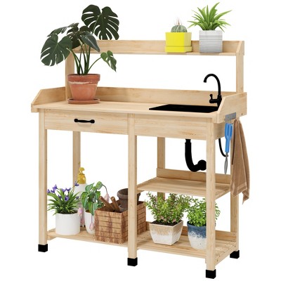 Outsunny Potting Bench Table, Includes Removable Outdoor Sink Station with Hose Hook Up, Wooden Work Station with Faucet, Drawer