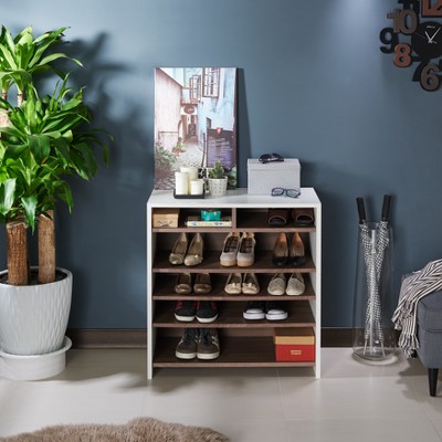 HOMES: Inside + Out Farrar Contemporary Shoe Cabinet Chestnut Brown/White: MDF Wood Veneer, 16-Pair Storage, Adjustable Shelves