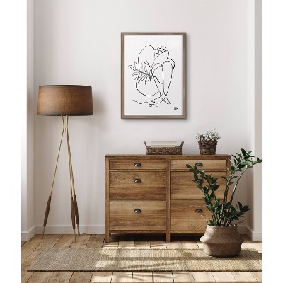 Modern Black Line Drawing on White Canvas with Brown Frame