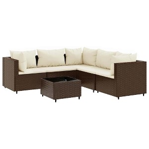 vidaXL 6 Piece Patio Lounge Set with Cushions - Brown, PE Rattan Outdoor Furniture for Garden/Backyard/Patio, Modular Design, Glass Tabletop - 1 of 4
