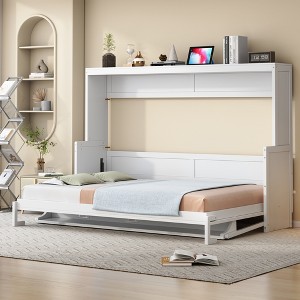 Full/Queen Size Murphy Bed Wall Bed with Hydraulic Lift and Desk Design, White/Gray-ModernLuxe - 1 of 4
