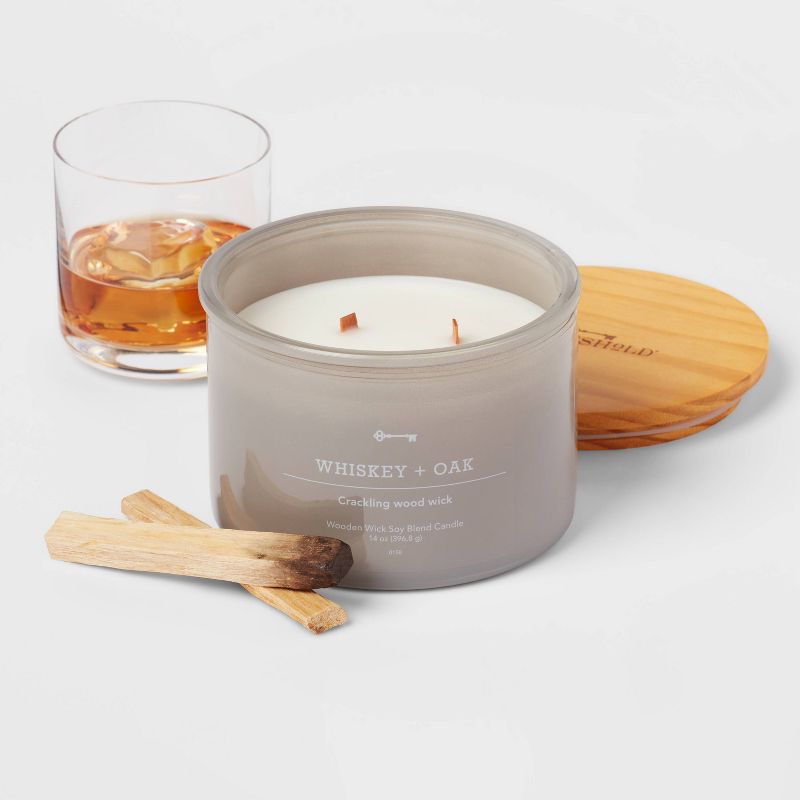 14oz Lidded Gray Glass Jar Crackling Wooden 3-Wick Candle with Clear Label Whiskey + Oak - Threshold&#8482;, 4 of 5