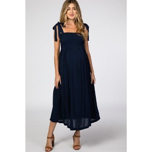 PinkBlush Navy Blue Smocked Tie Strap Maternity Midi Dress - 1 of 4