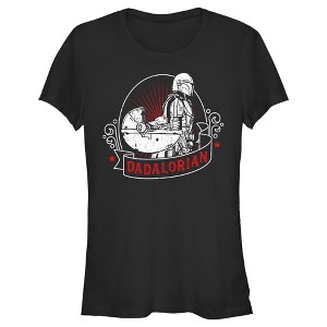 Juniors Womens Star Wars: The Mandalorian Grogu and Din Djarin Dadalorian Banner Sketch T-Shirt - 1 of 4