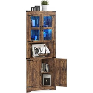 Homhougo Farmhouse Corner Cabinet with Glass Door, Adjustable Shelves & Light, Tall Display Storage for Living Room, Kitchen, Bathroom, Brown - 1 of 4