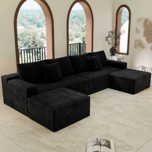 137.8"70.9" Plush Corduroy 4-Piece Modular Sectional Sofa with No Assembly Required and Comfortable Chaise Lounge - 1 of 4