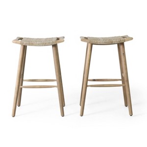 Pulaski 2pk Outdoor Acacia Wood Bar Stools with Wicker - Light Brown - Christopher Knight Home - 1 of 4