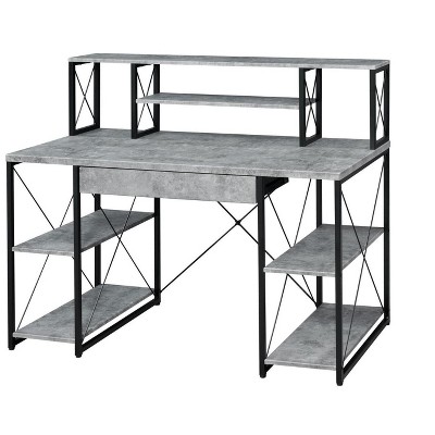 Royal Hampton Metal Desk with 4 Open Bottom Shelves and Bookcase Hutch, Gray and Black