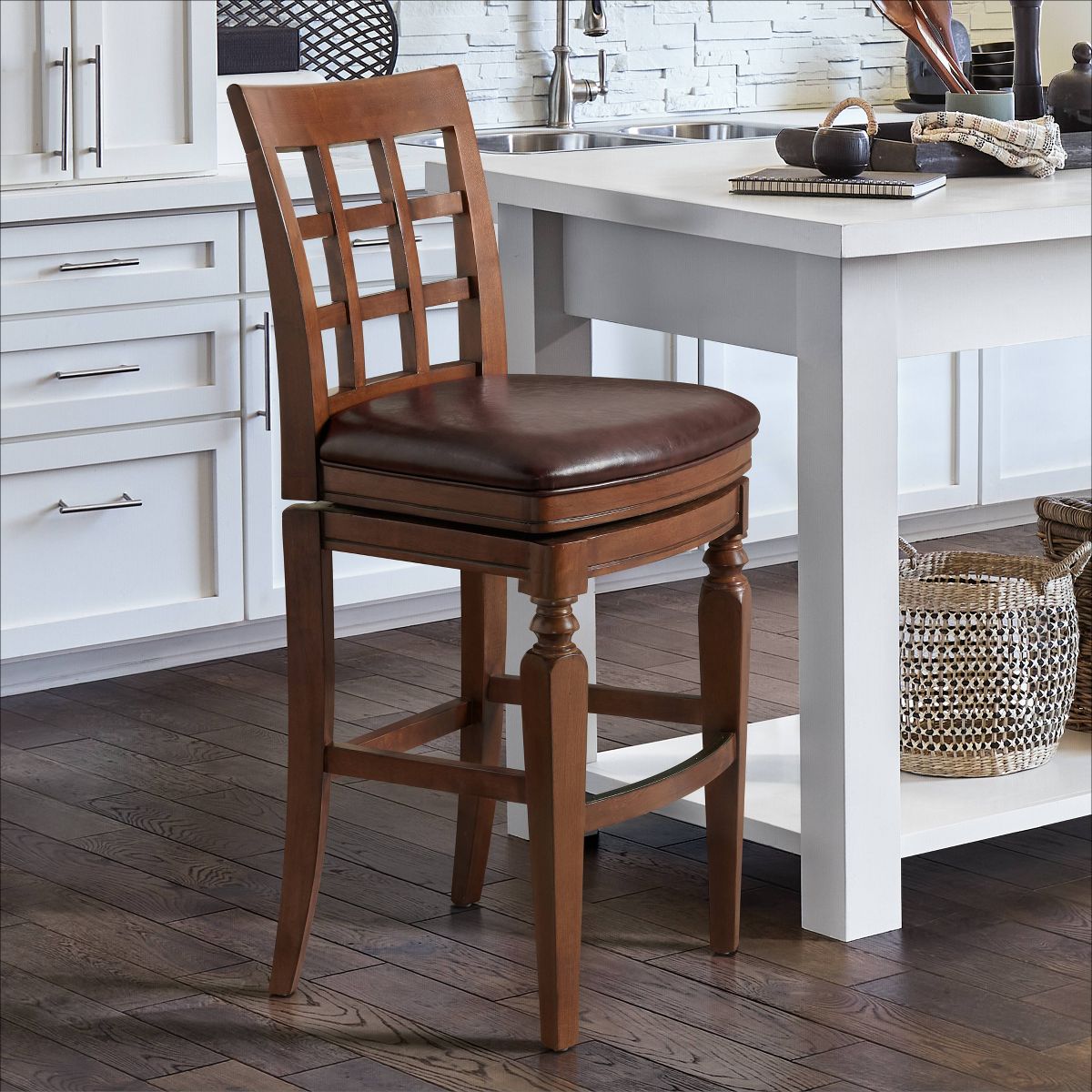 Napa Bar Height Stool with Back Mahogany - Alaterre Furniture: Upholstered Polyester Seat, Rubberwood Frame - thumbnail 2