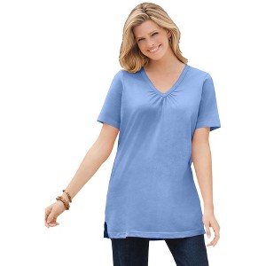 Woman Within Plus Size Perfect Short-Sleeve Shirred V-Neck Tunic - 1 of 4