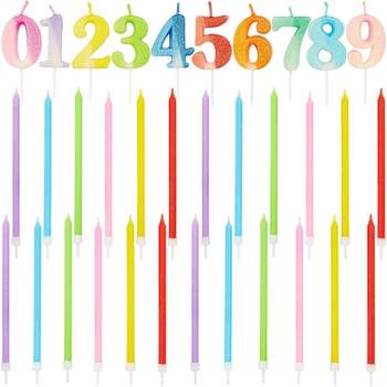 Blue Panda 34-Piece Neon Color Numbers 0-9 and 5" Thin Birthday Cake Topper Candles in Holder for Party Decor