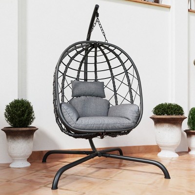 Foldable PE Rattan Hammock Chair,Hammock Chair with Light Gray Cushion for Indoor Outdoor,Hanging Hammock Chair for Patio Balcony Garden-Coolbibila
