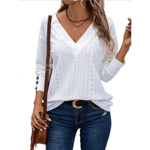 Women Dressy Casual Tops V Neck Long Sleeve Buttons Hollow Out Lace Embroidered Blouses Shirts Elegant Boho Top - 1 of 4