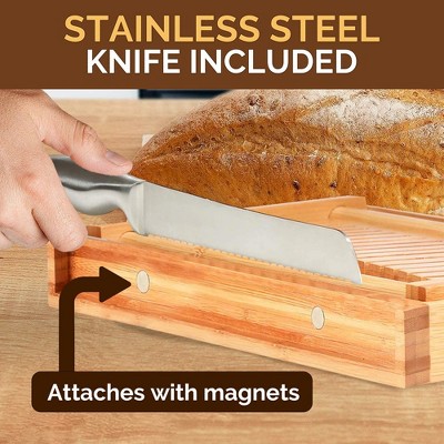 Foldable Bamboo Bread Slicer with Stainless Steel Knife and Crumb Tray