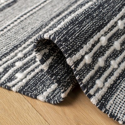 Black and Ivory Striped Kilim Handwoven Wool Area Rug