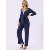 Seta T Women's Long Sleeve V Neck Belted Stretchy Wide Leg Long Pant Romper with Pockets - 2 of 4