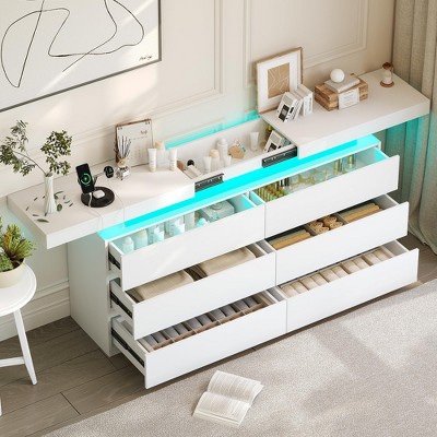 Dyonery Modern 6-Drawer Dressing Table with Sliding Top, Featuring Drawers, Organizer for Bedroom, Closet, and Living Room