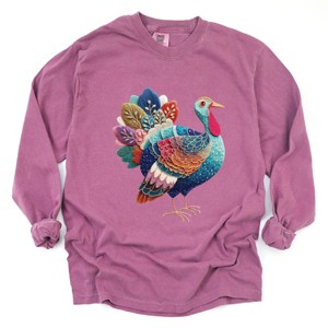 Turkey Patchwork Print - Women's Garment Dyed Long Sleeve Graphic T-Shirt - 1 of 4