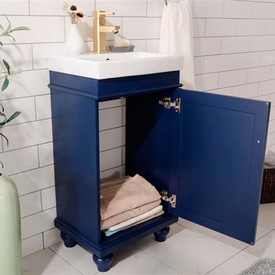 Compact Blue Freestanding Vanity with White Ceramic Sink