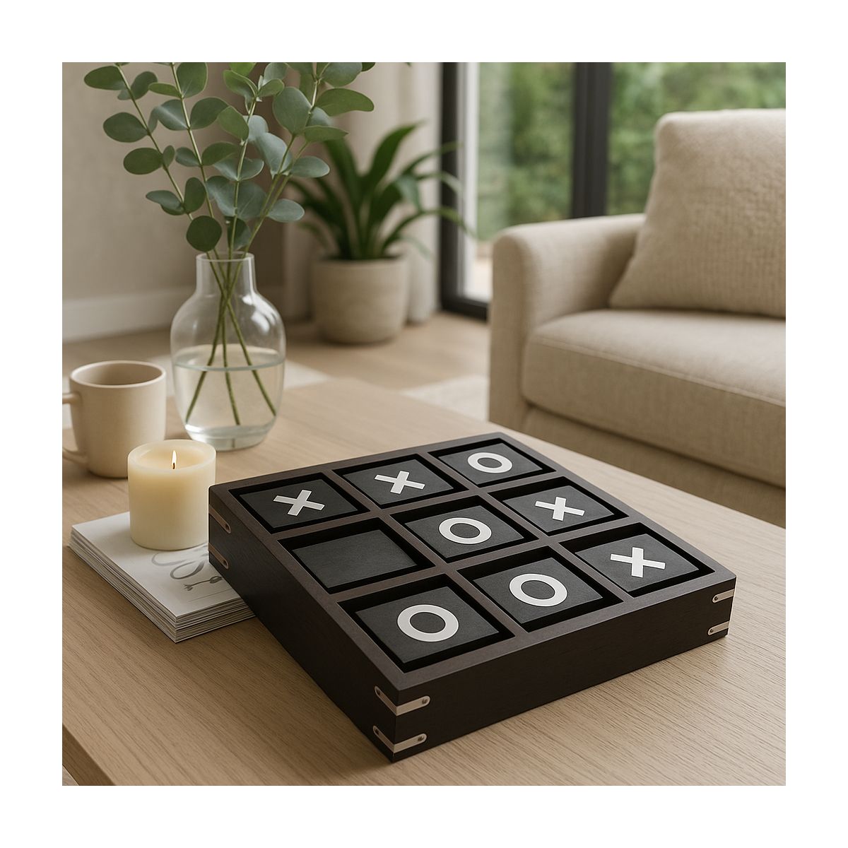 Revolving Wooden Tic Tac Toe Decorative Game - Stylish and Fun Coffee Table Game for Office, Room, and Home Decor Accent