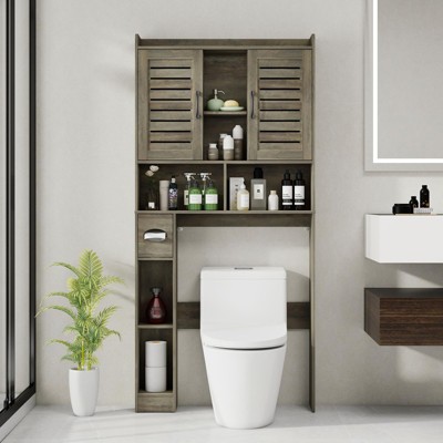 Over The Toilet Storage Cabinet with Louvered Door, Home Space-Saving Toilet Rack, Grey