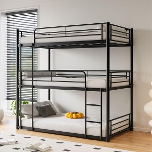 NicBex Triple Twin Floor Bunk Bed,Metal Bunkbeds with Ladder and Full-Length Guardrail,Space-Saving Bunk Bed Platform for Teens&Adults,Black - 1 of 4