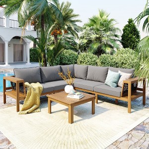 CAVINAS Patio Conversation Sets, Acacia Wood Patio Sofa Set, Woven Mesh Armrests Outdoor Couch Set for Garden - 1 of 4