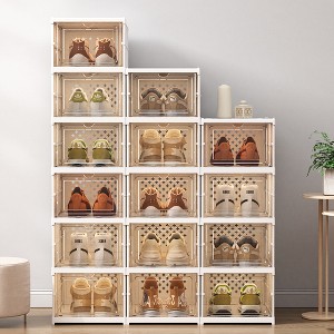 12 Pack Shoe Storage Box, Plastic Stackable Shoe Organizer for Closet, Space Saving Foldable Shoe Rack Sneaker Container Bin Holder - 1 of 4