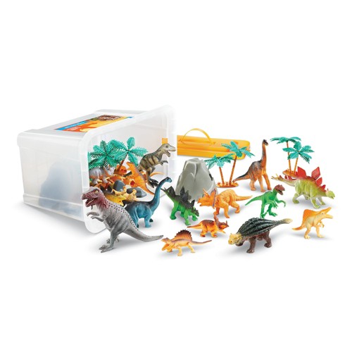 plastic tub filled with a collection of dinosaur figures