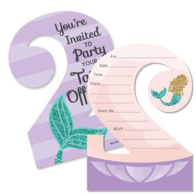 Big Dot of Happiness 2nd Birthday Let's Be Mermaids - Shaped Fill-in Invitations - Second Birthday Party Invitation Cards with Envelopes - Set of 12