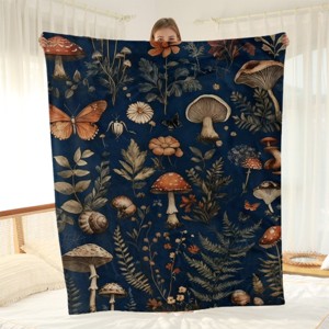 1pc Mushrooms, Butterflies and Plants Printed Soft Sofa Blanket, Perfect for Sofa, Bed, Camping, Home Decor, Christmas Gifts. - 1 of 4
