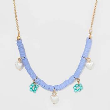 Heishi Beaded Floral and Simulated Pearl Heart Chain Necklace - Wild Fable™ Blue