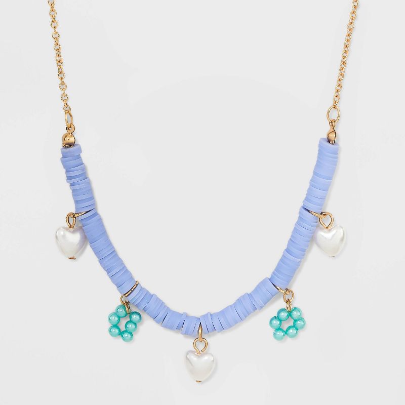 Heishi Beaded Floral and Simulated Pearl Heart Chain Necklace - Wild Fable&#8482; Blue, 1 of 6