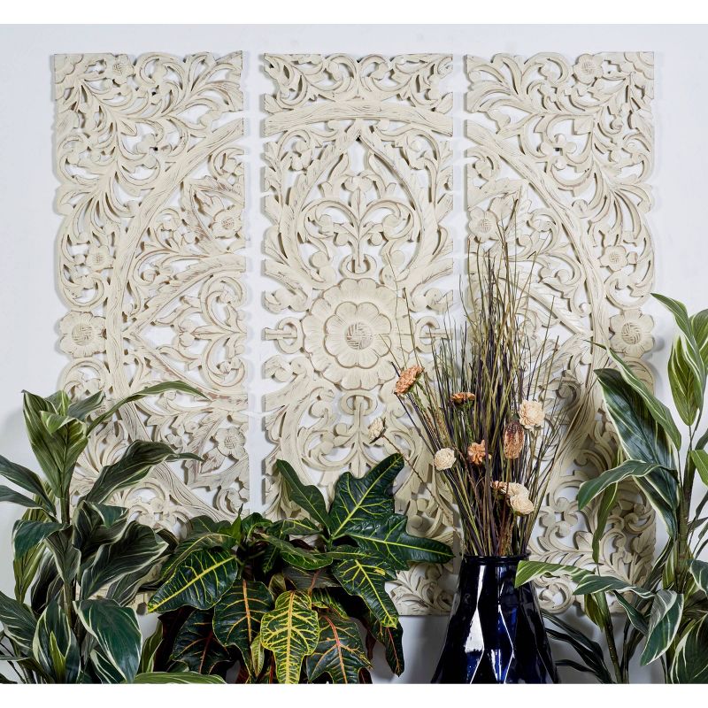 Wood Floral Handmade Intricately Carved Wall Decor with Mandala Design Set of 3 Beige - Olivia &#38; May, 3 of 22