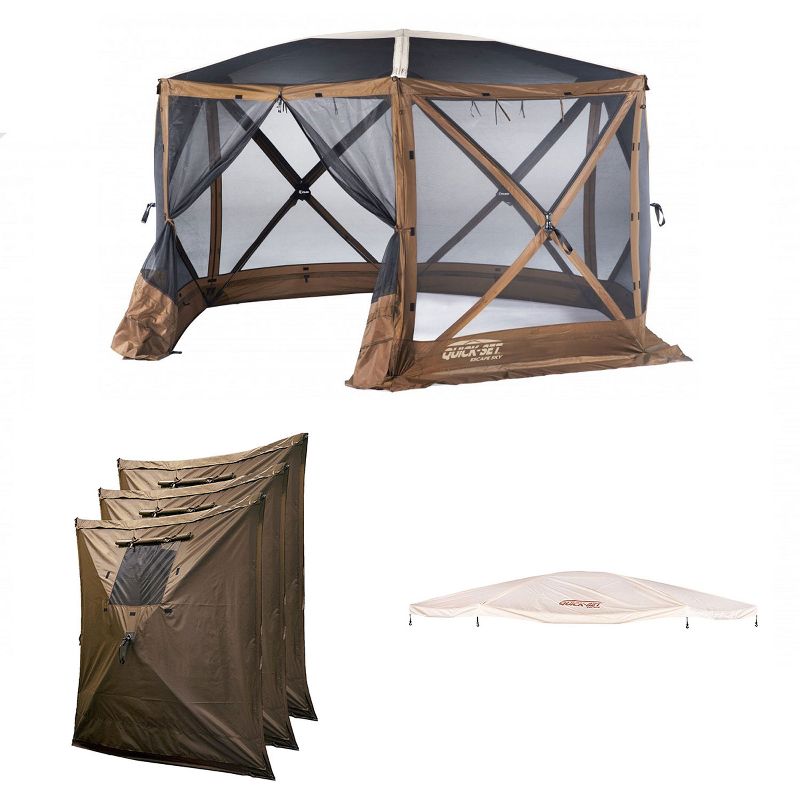 CLAM Quick Set Escape Sky Screen Outdoor Portable Gazebo with Tent Stakes, Tie Down Ropes, Rain Fly, Carry Bag and Set of 3 Wind and Sun Panels, Brown, 1 of 7