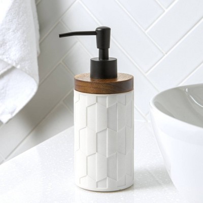 White Resin and Wood Geometric Soap Dispenser