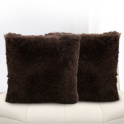 Chocolate Faux Fur Shaggy Throw Pillows Set of 2, 18" x 18"