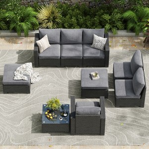 Maggift Patio Seating 9-Piece Set with Single Sofa, L-Shaped Sofa and Coffee Table for Garden, Backyard, Balcony, Gray, 27.56"*27.56"*32.09" - 1 of 4