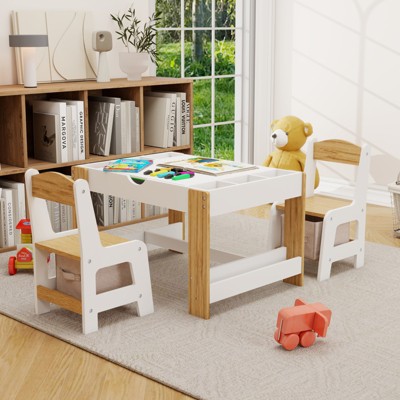 VYNXARIA Kids 2 in 1 Play Table & 2 Chairs Set,with 7 Storage Compartments,Compatible with LEGO Building Block,Learning Game Table -White