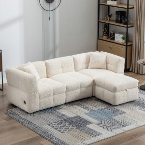87.7" Sectional Sofa Cozy Teddy Fleece Fabric Sectional Sofa Couch with Two USB Ports a Movable Storage Ottoman,White - 1 of 4