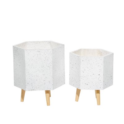 Set of 2 White Hexagonal Fiber Clay Planters with Wooden Legs