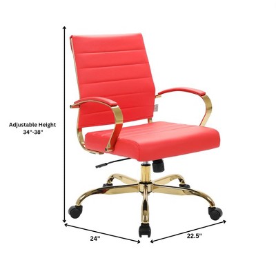 Mid-Century Red Leather Swivel Office Chair with Gold Metal Frame
