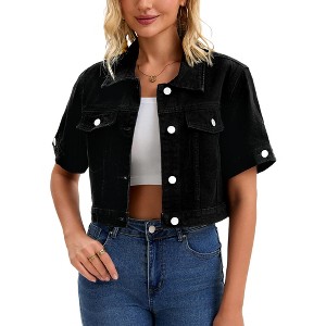 INSPIRE CHIC Women's Short Sleeve Button Up Frayed Washed Denim Jacket - 1 of 4