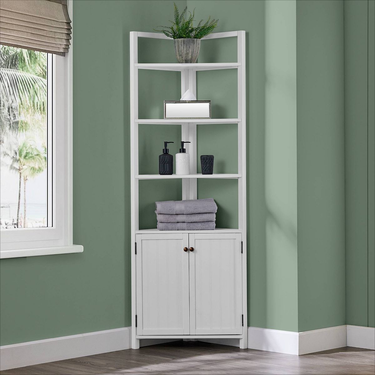 Dover Corner Storage Cabinet with Two Doors and Open Shelving White - Alaterre Furniture - thumbnail 2