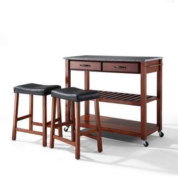 Gray Granite Top Kitchen Prep Cart with 2 Upholstered Saddle Stools - Crosley
