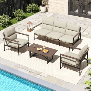 HAPPATIO Outdoor Furniture Set, Patio Aluminum Conversation Set with Wicker Seat and Acacia Wood Armrest, Thick Olefin Cushion - 1 of 4