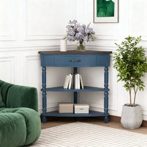 Luxystar 33.8'' Triangle Corner End Table with Solid Wood Legs for Small Spaces and Living Room, Navy Blue and Espresso Top - 1 of 4